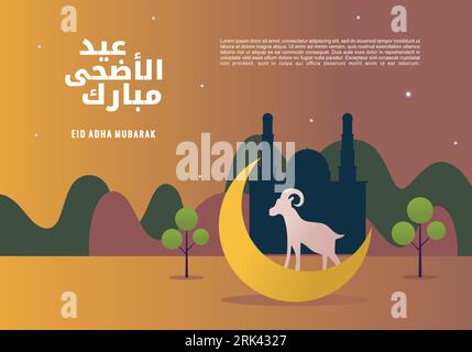 Arabic calligraphy text of Eid Mubarak for the celebration of Muslim community festival Eid Al Adha. Greeting card with sacrificial sheep, crescent an Stock Vector