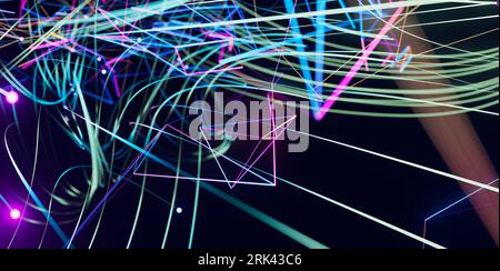 A vibrant and abstract digital illustration with neon lines and shapes on a black background Stock Photo