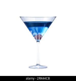 Blauer Cocktail mit Kirsche in Martiniglas isoliert auf weißem Hintergrund. Stockfoto