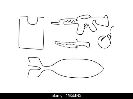 one line drawing military equipments isolated on white background. Vector set collections element, minimalist illustration design. Stock Vector