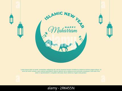 Islamisches Neujahr, glücklicher muharram Festival Grußkarte Hintergrund mit grünen Laternen, Mann Kamel auf heller Farbe. Stock Vektor