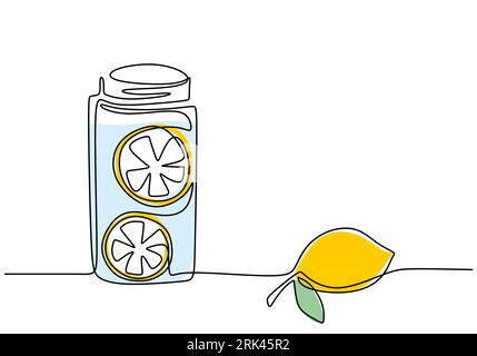 One continuous single line of hand drawn with lemon in big glass isolated on white background. Stock Vector