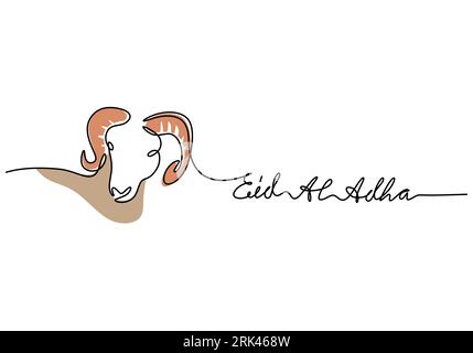 One continuous single line hand drawing of eid al adha background with goat head isolated on white background. Stock Vector