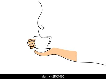One continuous single line of hand drawn with hand hold a cup of coffee isolated on white background. Stock Vektor