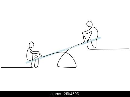 Eine durchgehende einzeilige Handzeichnung von Spielgruppen-Spielen mit Kindern spielt See Saw isoliert auf weißem Hintergrund. Stock Vektor