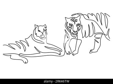 One continuous single line hand drawing of international tiger day with two tigers isolated on white background. Stock Vektor