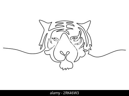 One continuous single line hand drawing of international tiger day with tiger head isolated on white background. Stock Vector