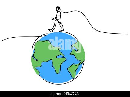 One continuous single line hand drawing of man walking on earth globe isolated on white background. Stock Vektor