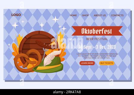 Oktoberfest German beer festival Landing template design. Design with Tyrolean hat, fork with grilled sausage, pretzel, wooden barrel, wheat and leave Stock Vektor