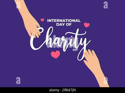 Internationales Poster zum Tag der Wohltätigkeit am 5. september mit zwei Händen und Liebessymbol auf lila Hintergrund Stock Vektor