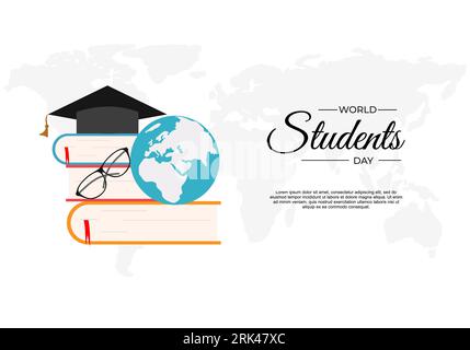 Student International Day Hintergrund mit Stapel von Büchern, Brille und Globus Erde isoliert auf weißem Hintergrund. Stock Vektor