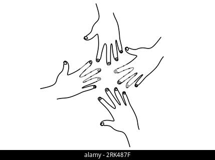 One continuous single line hand drawing of four opened hands isolated on white background. Stock Vector