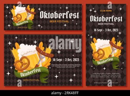 Oktoberfest German beer festival background, vertical and horizontal banner collection. Design with glass of beer, pretzel and fork with sausage, whea Stock Vektor