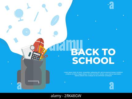Zurück zur Schulausbildung Hintergrund mit Tasche voller Schreibwaren, Taschenrechner, Lineal und Messer isoliert auf blau weiß Farbe. Stock Vektor