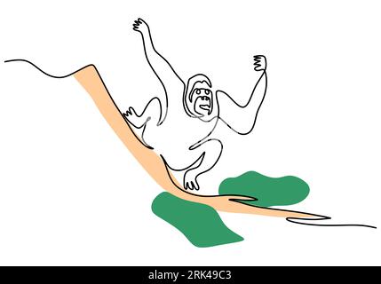 One continuous single line of happy orangutan for international orangutan day isolated on white background. Stock Vektor
