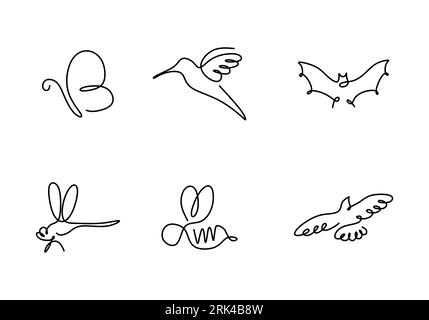 One continuous single line of butterfly, birds, bee, bat, dragonfly isolated on white background. Stock Vector