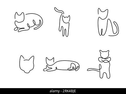 One continuous single line hand drawn of cute cats pose isolated on white background. Stock Vector