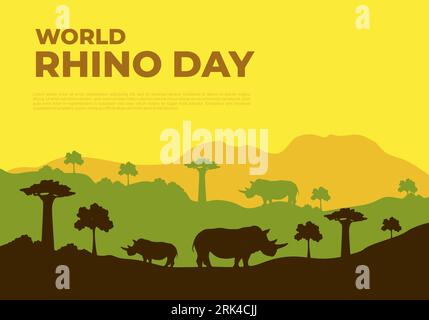 Welthino-Tag Hintergrund Banner Poster mit Nashorn im Wald am 22. september. Stock Vektor