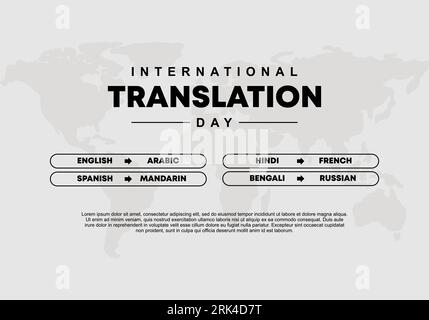 Internationales Hintergrundbanner-Poster am Tag der Übersetzung mit Erdkarte und Wortwahl am 30. september. Stock Vektor