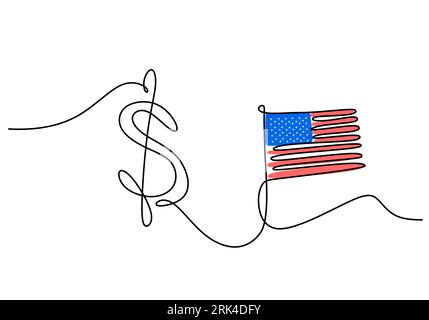 One continuous single line of patriot day with dollar and american flag isolated on white background. Stock Vector