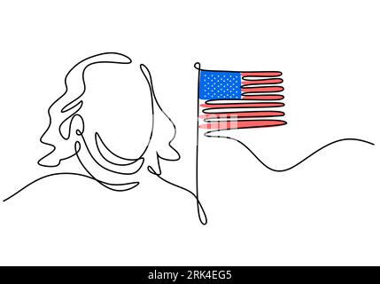 Eine durchgehende einzelne Zeile Patriot Day mit Statue und amerikanischer Flagge isoliert auf weißem Hintergrund. Stock Vektor