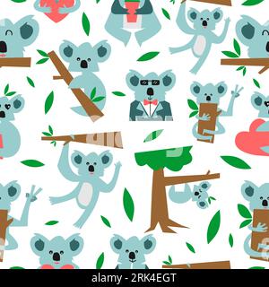 Cute koala seamless pattern isolated on white background. Stock Vector