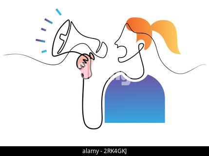Eine durchgehende Einzellinie der Frau hält Horn isoliert auf weißem Hintergrund. Stock Vektor
