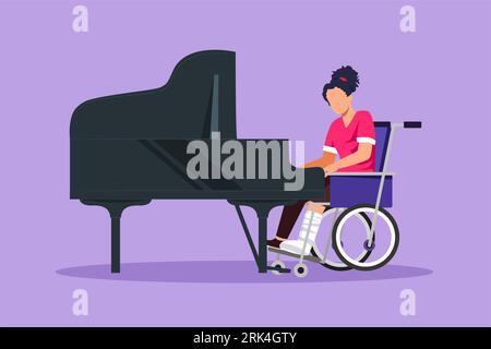 Graphic flat design drawing disabled beautiful woman in wheelchair playing piano in concert. Classical music performance in hospital. Rehabilitation c Stock Photo