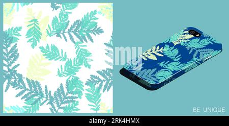 Modern smartphone in unique case decorated wormwood leaves silhouettes of grass seamless pattern. Isometric top view. Vector ornament for design of po Stock Vector