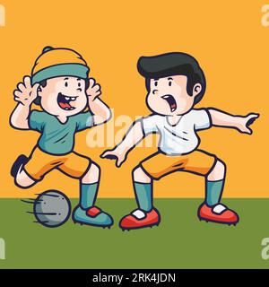 Hand drawn children cartoon activities of two boys playing football. Stock Vector