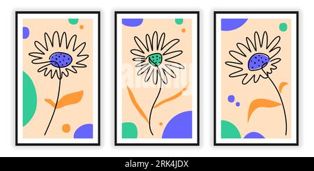 One line of abstract three floral posters isolated on white background. Hand drawing continuous line minimalism. Stock Vector
