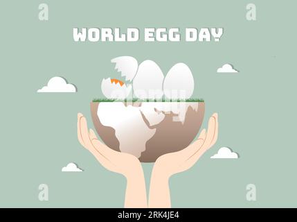 World egg day background banner poster with three eggs on earth and hand. Stock Vektor