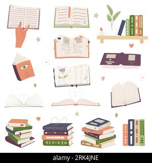Set for book lovers. Books in hand, stack of books, bookshelf, open book. Reading, education, learning. Cartoon flat vector illustration isolated on w Stock Vector