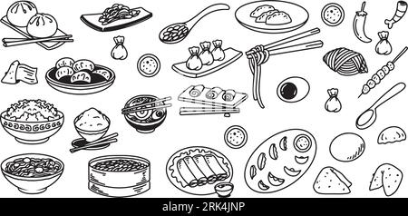 Hand drawing of chinese food set isolated on white background. Stock Vector