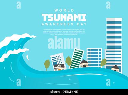 World tsunami awareness day background with building and wave. Stock Vektor