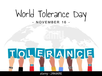 Hintergrund des Welttoleranztages mit Hand- und Erdkarte für Vielfalt. Stock Vektor