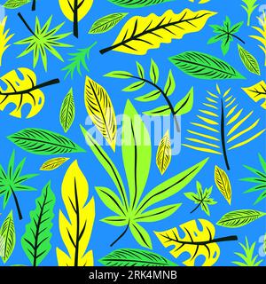 Hand drawing abstract leaf seamless pattern in blue green yellow style. Stock Vektor