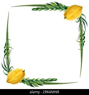 Sukkot quadratische Rahmen Aquarellillustration mit Etrog, vier Arten für jüdische Feiertagsgrüßkarten Stockfoto