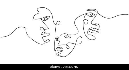 One line of abstract faces isolated on white background. Hand drawing continuous line minimalism. Stock Vektor