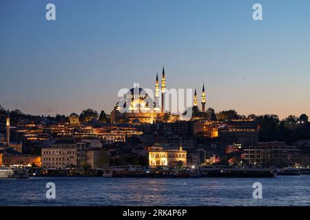 A scenic view of St Sofia mosque illuminated at sunset in Istanbul, Turkey Stock Photo