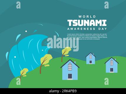 World tsunami awareness day background with wave and houses. Stock Vector