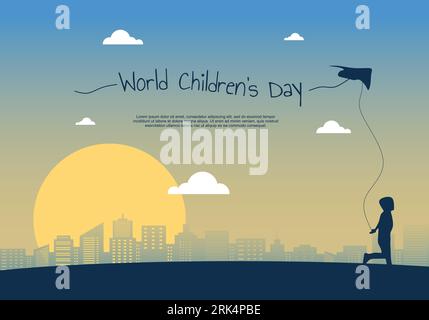 Hintergrund des Weltkindertags mit Kinderspieldrachen in der Stadt. Stock Vektor
