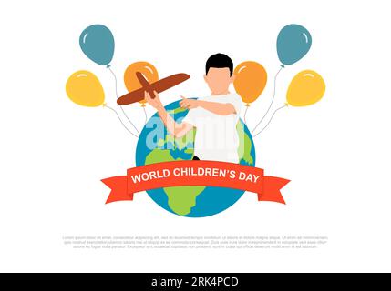 Hintergrund des Weltkindertags mit Ballon und Kinderspieldrachen. Stock Vektor