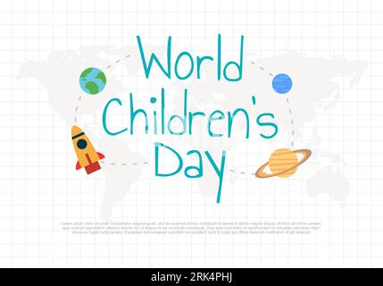 World children day background with rocket, planet and earth. Stock Vector