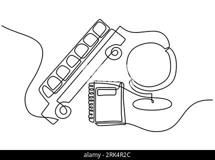 Hand zeichnet eine einzelne durchgehende Linie von Buch, Bus und Globus isoliert auf weißem Hintergrund. Stock Vektor
