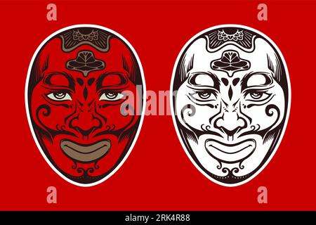 Handgezeichnete rote weiße japanische traditionelle Maske auf rotem Hintergrund. Stock Vektor