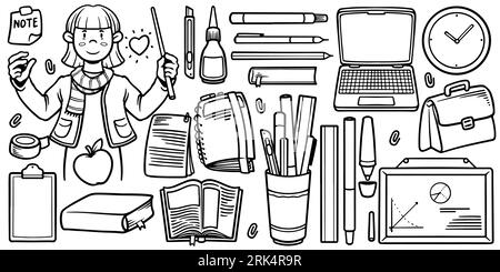 Handzeichnung von Lehrerausrüstung isoliert auf weißem Hintergrund. Stock Vektor