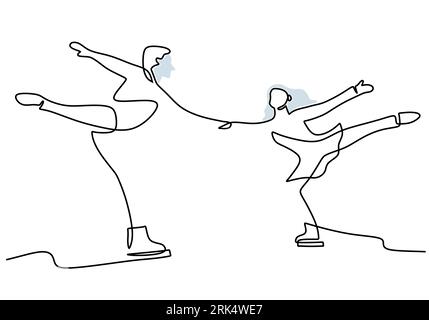 Handzeichnung einer Linie von Paar Eislaufen isoliert auf weißem Hintergrund. Stock Vektor