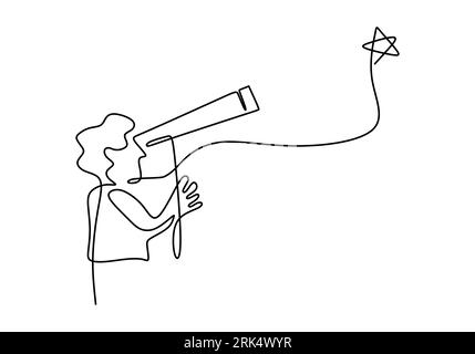 Hand drawing one single continuous line of man use binoculars science theme isolated on white background. Stock Vector