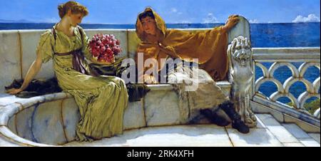 Der in Dronryp geborene Sir Lawrence Alma-Tadema (1836–1912) malte dieses Gemälde 1881. Amo te ama me, wörtlich, ich liebe dich, liebe mich auch, Alma-Tadema hat das Paar in die römische Antike verliebt. Stockfoto